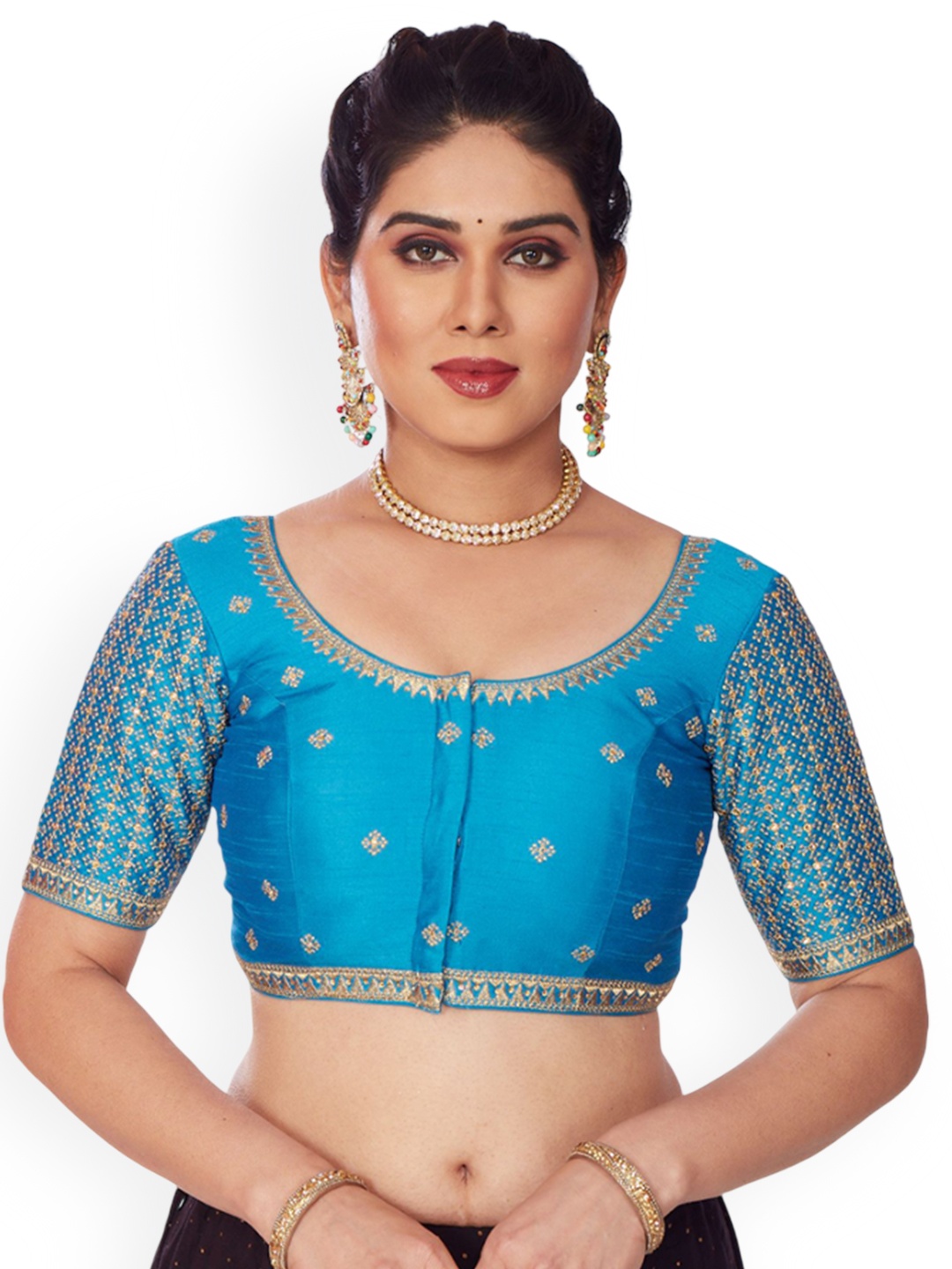 

Mmore Embroidered Round Neck Saree Blouse, Blue