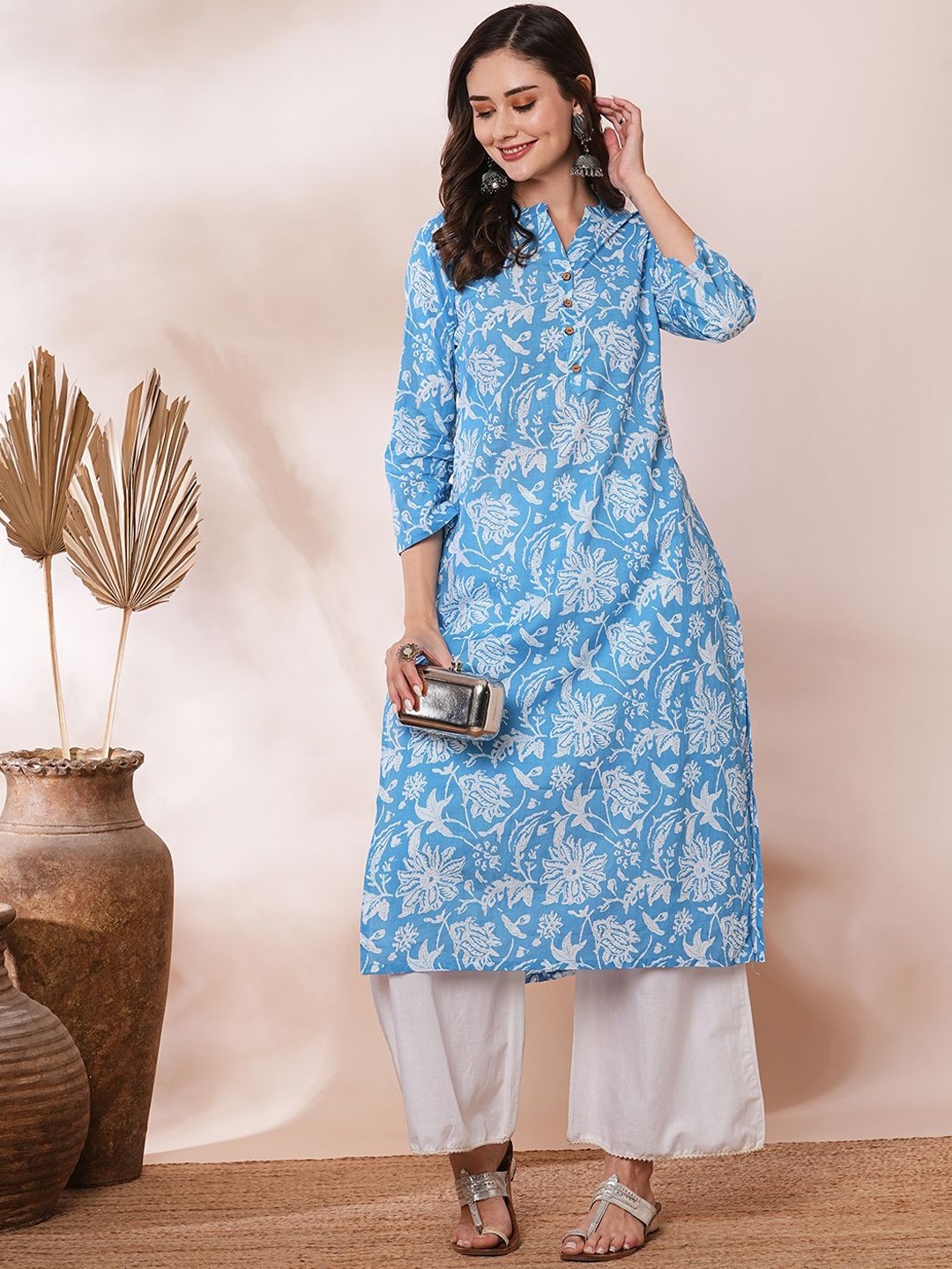 

FASHOR Floral Printed Cotton Straight Kurta, Blue