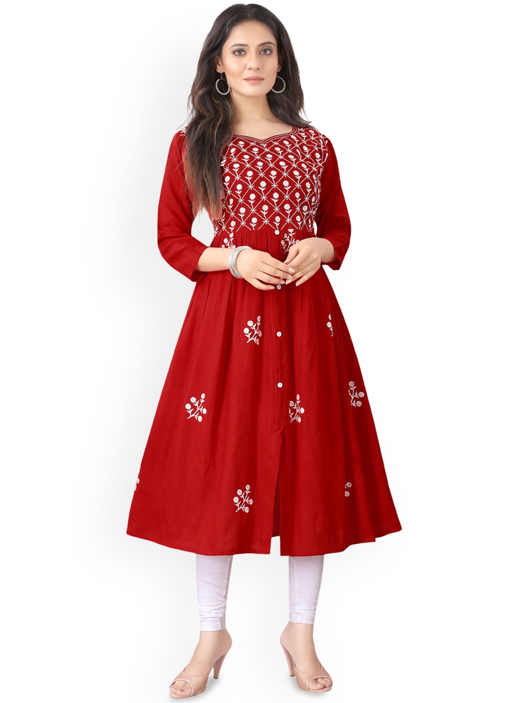 

FANTASY FAB Floral Embroidered A-Line Kurta, Red