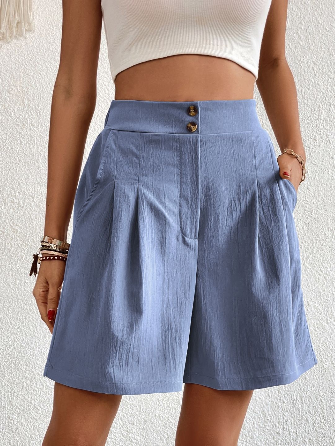 

KPOP Women Relaxed Fit Pleated High-Rise Shorts, Blue