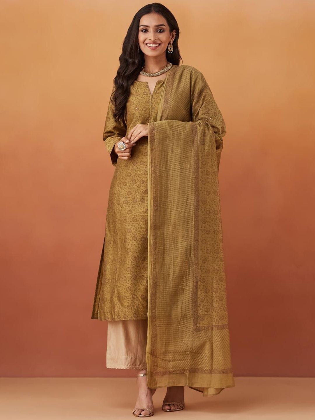 

Fabindia Ethnic Motifs Printed Notch Neck Sequins Cotton Silk Kurta With Dupatta, Green