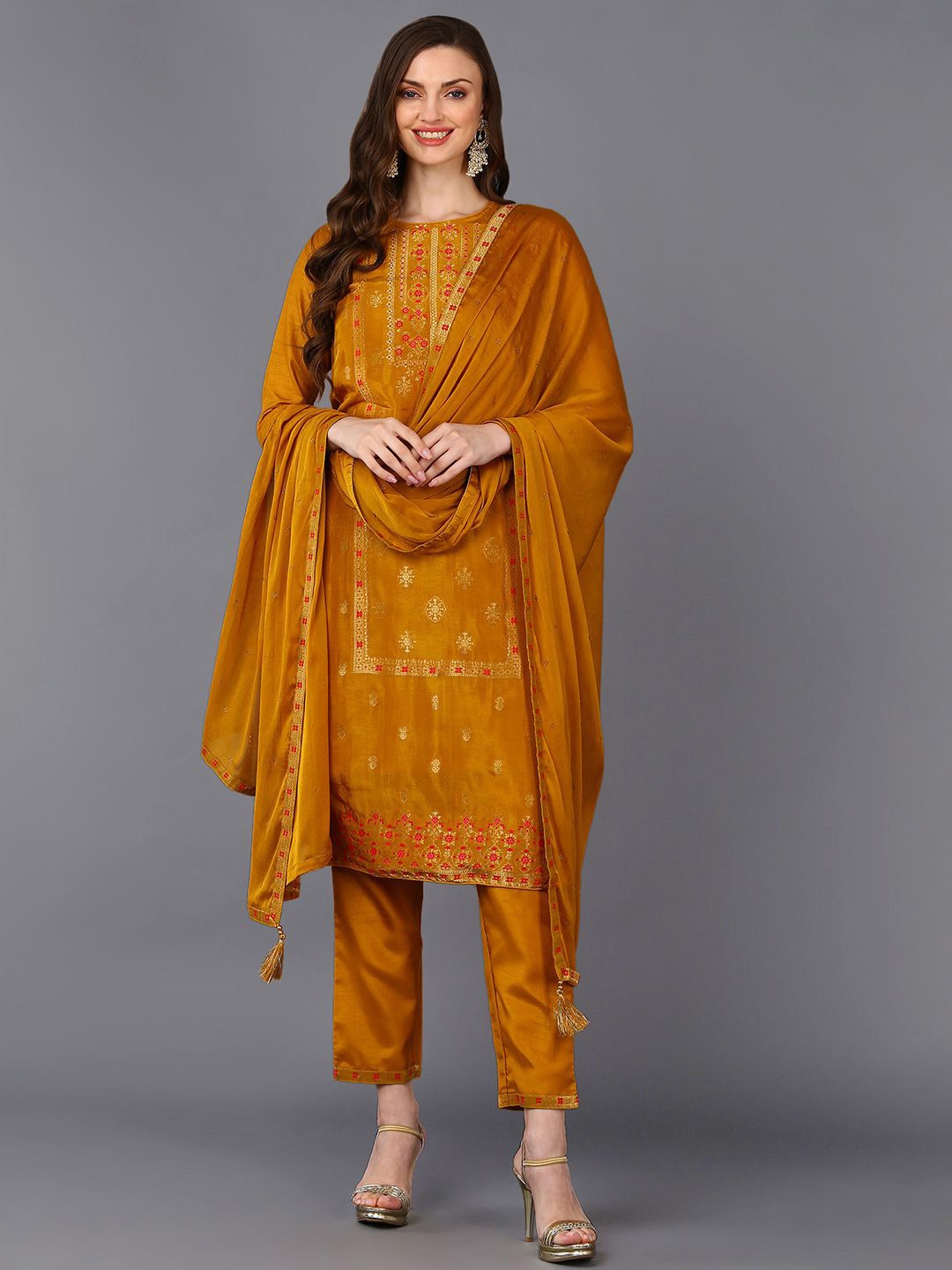 

KALINI Women Regular Kurta with Trousers & With Dupatta, Mustard