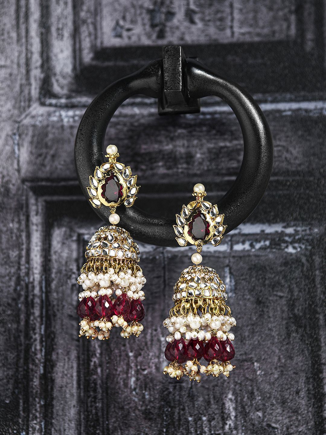 

Kalakrith Milano Kundan Studded & Pearl Beaded Contemporary Jhumkas, Gold