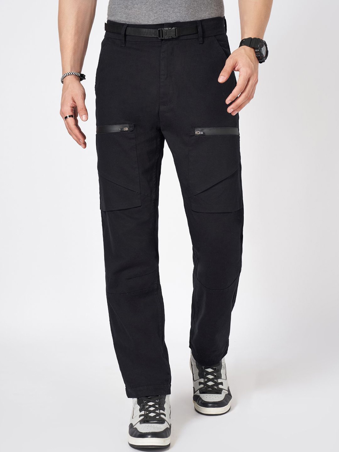 

Street 808 by Pantaloons Men Pure Cotton High Rise Trousers, Black