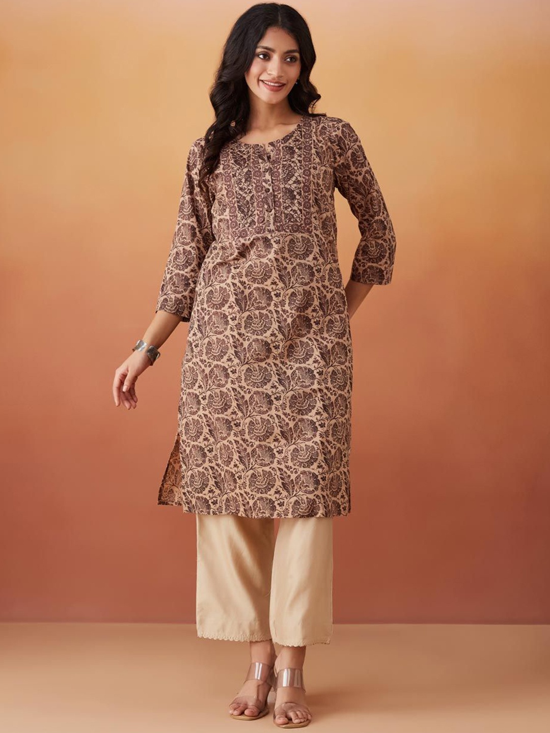 

Fabindia Ethnic Motifs Printed Gotta Patti Cotton Straight Kurta, Brown