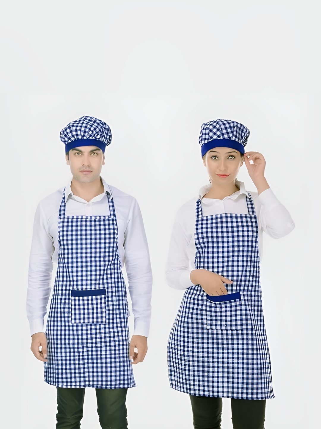 

SWITCHON 2Pcs Blue & White Checked Cotton Aprons With Cap