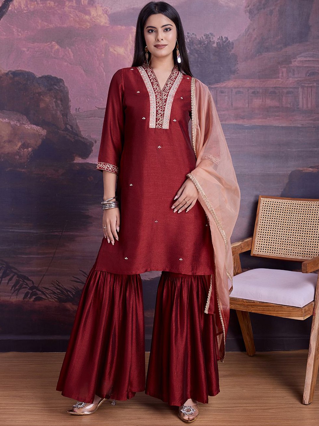 

House of Pataudi Embroidered Kurta With Trousers & Dupatta, Maroon