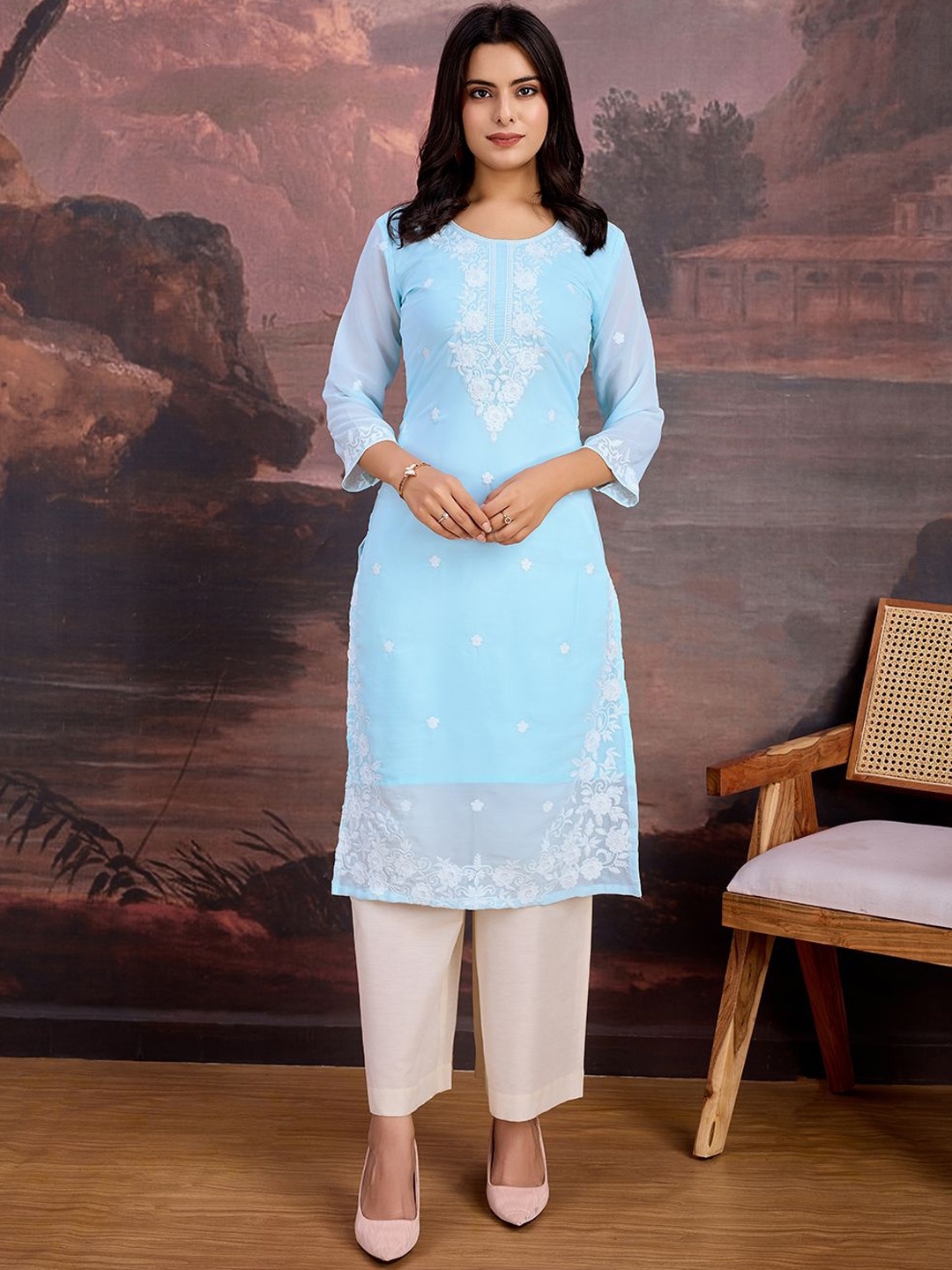 

House of Pataudi Embroidered Straight Kurta, Blue