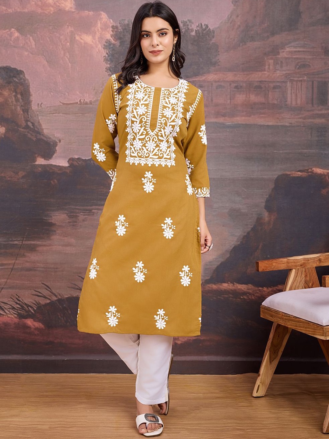 

House of Pataudi Floral Embroidered Thread Work Chikankari Straight Kurta, Mustard