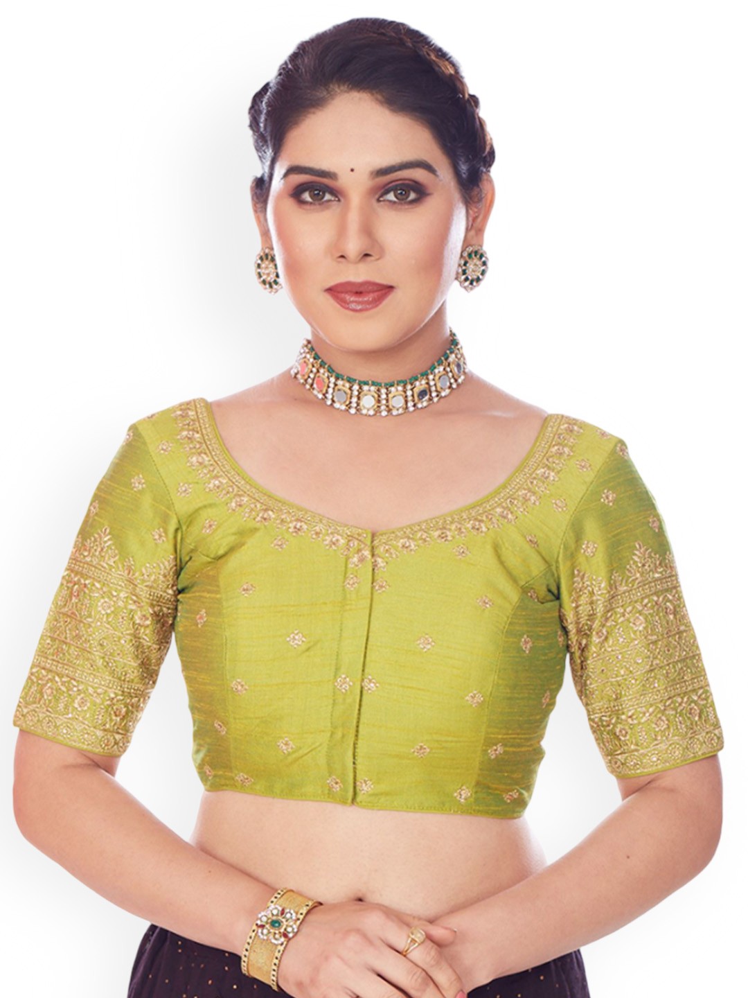 

Mmore Embroidered Raw-Silk Padded Saree Blouse, Green