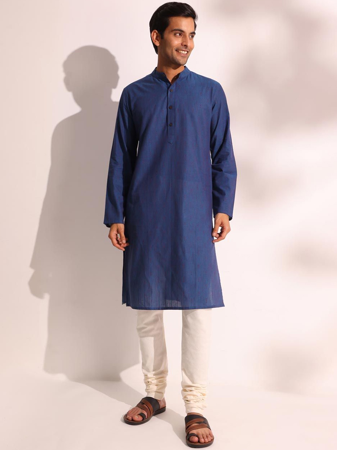 

Fabindia Striped Band Collar Cotton Straight Kurta, Blue