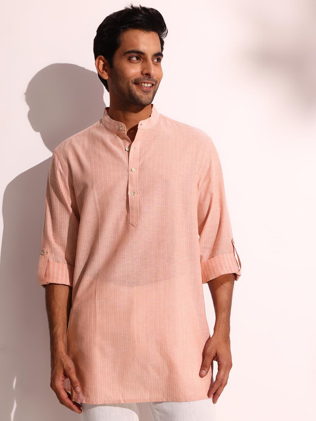 

Fabindia Striped Band Collar Cotton Straight Kurta, Pink