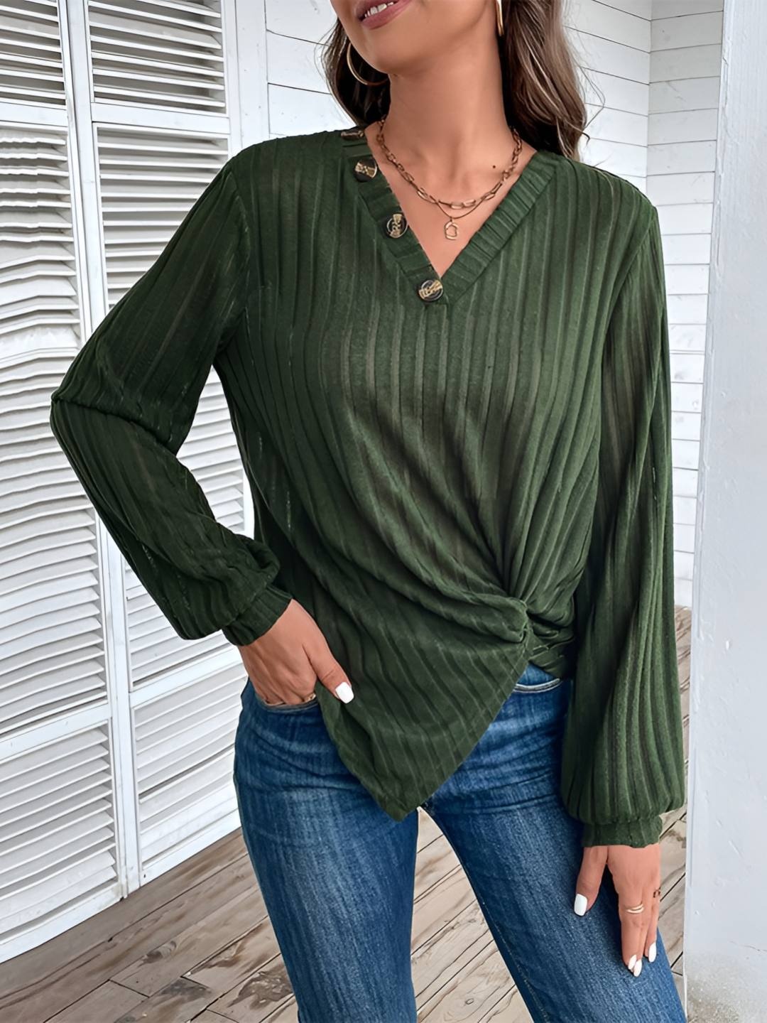 

HERE&NOW Women Striped V-Neck Drop-Shoulder Sleeves Pockets T-shirt, Green