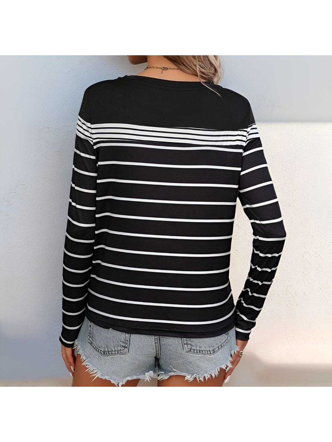 

HERE&NOW Women Striped Round Neck Monochrome T-shirt, Black