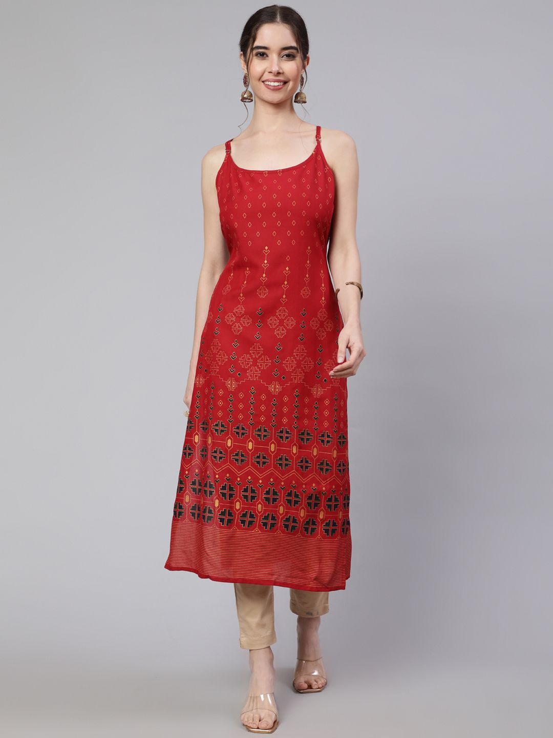 

SAK JAIPUR Ethnic Motifs Printed Shoulder Straps Straight Kurta, Red