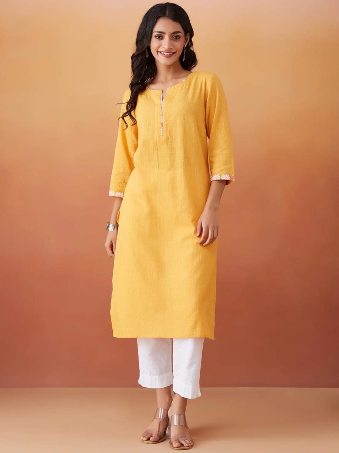 

Fabindia Round Neck Cotton Straight Kurta, Yellow