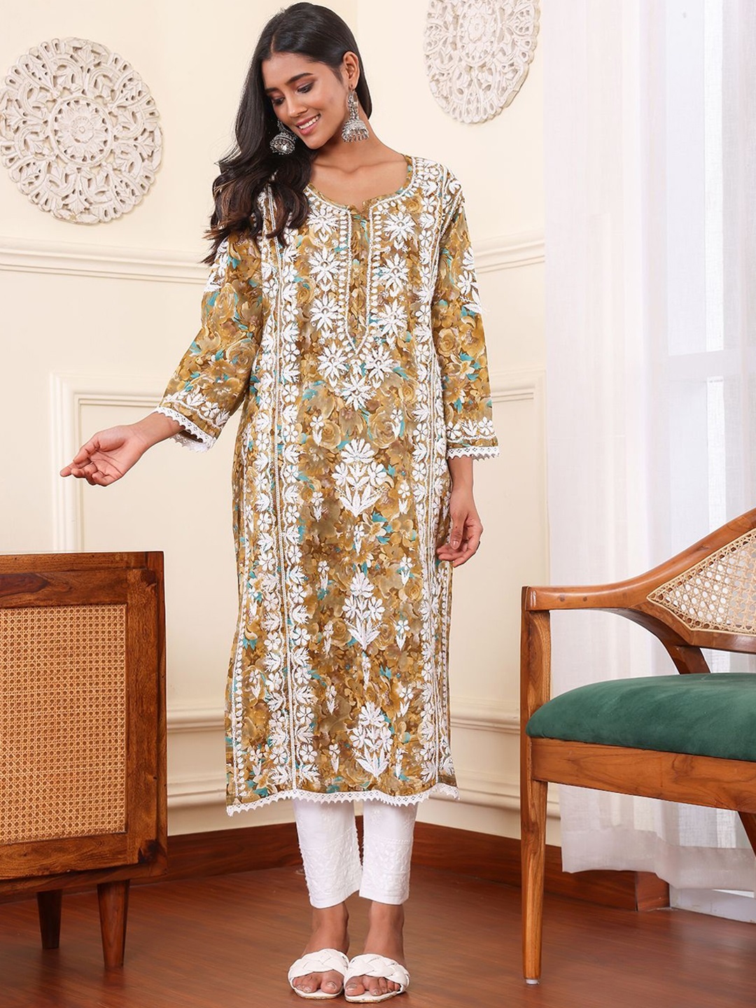 

Chowkhat Floral Embroidered Chikankari Cotton Straight Kurta, Mustard