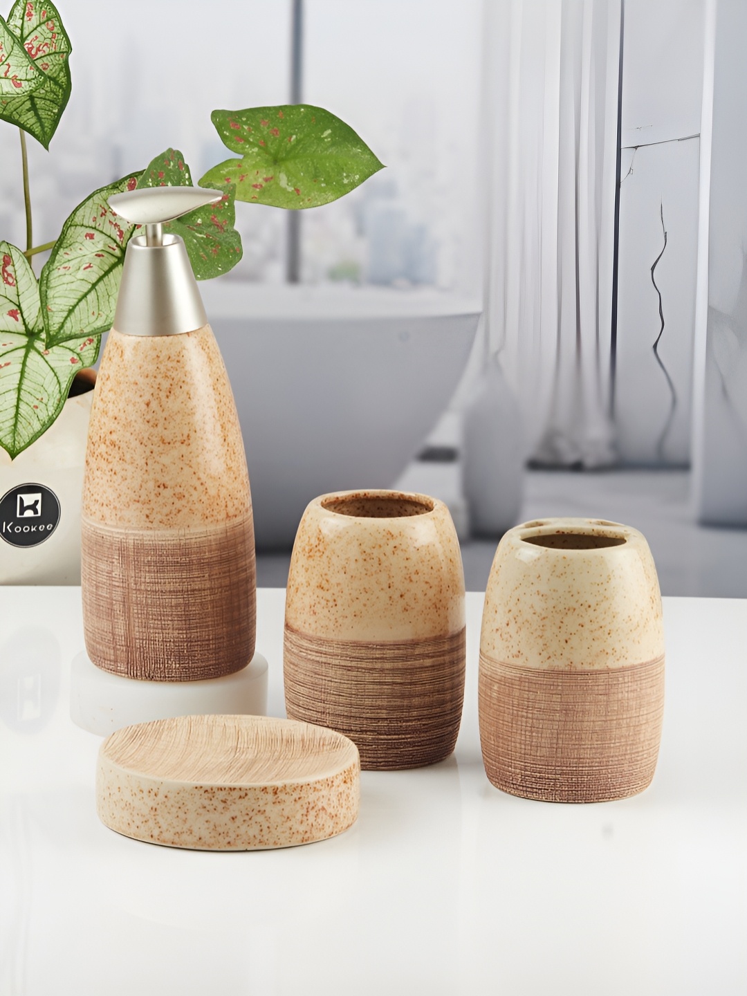 

Kookee Brown 4 piece Abstract Ceramic Bath Accessories Set