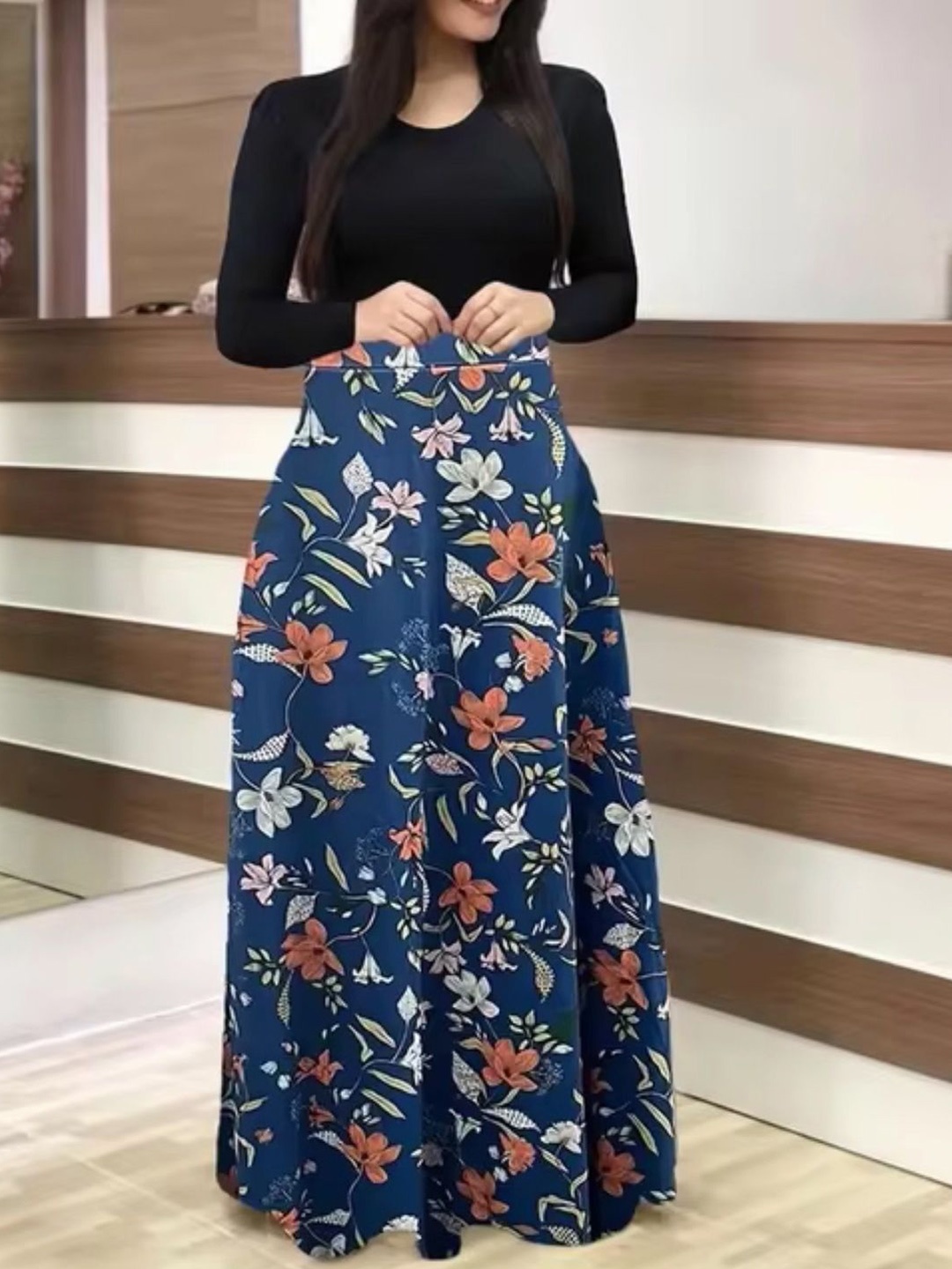 

KPOP Women Floral Printed A-Line Maxi Skirt, Blue