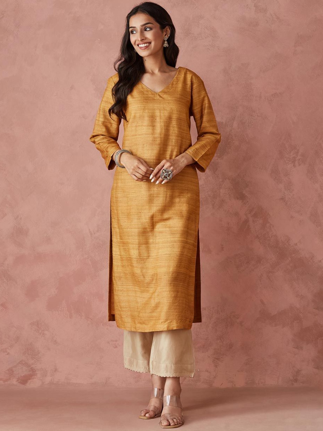 

Fabindia Woven Design V-Neck Silk Straight Kurta, Mustard