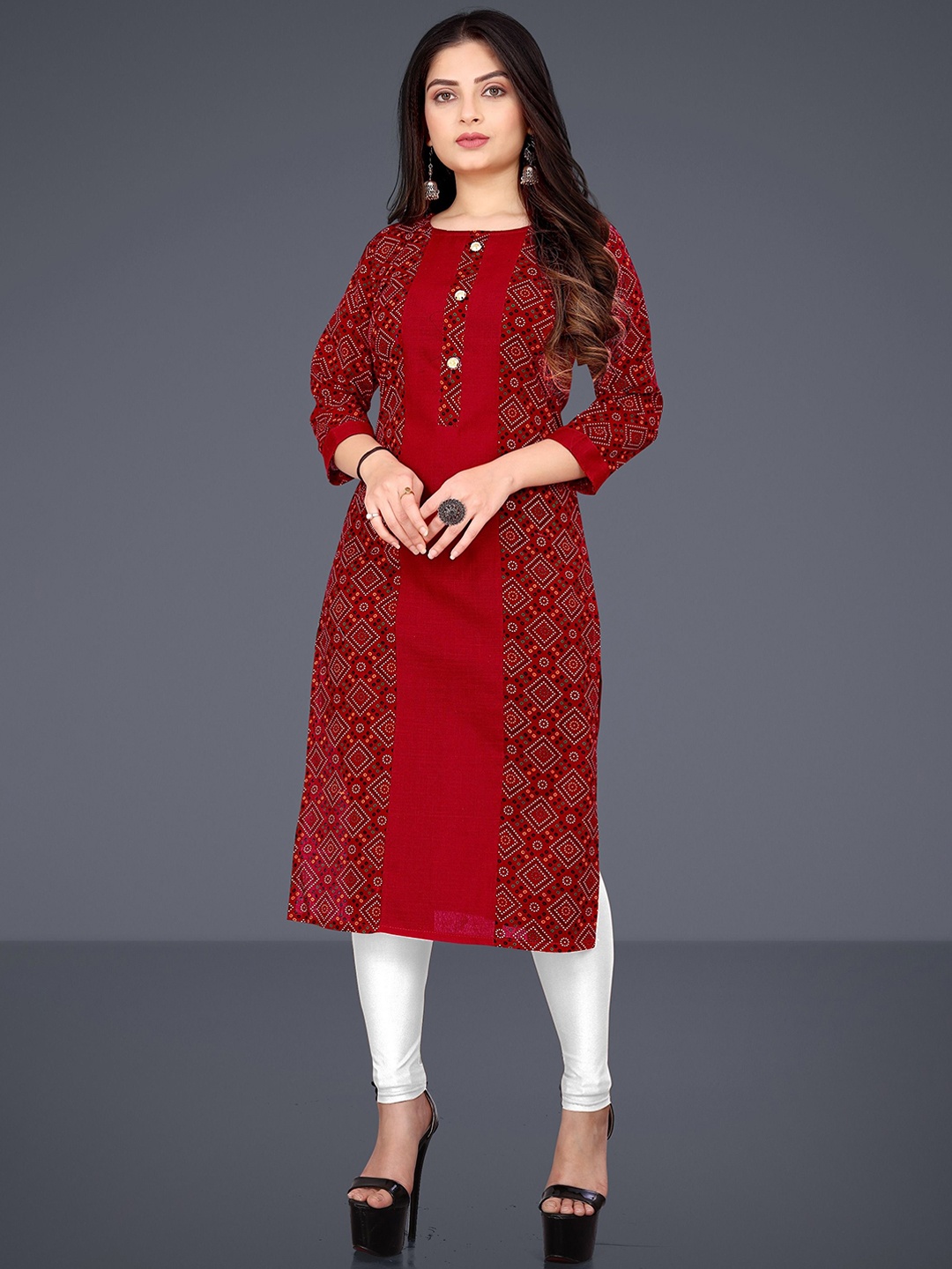 

FANTASY FAB Bandhani Printed Round Neck Straight Kurta, Red