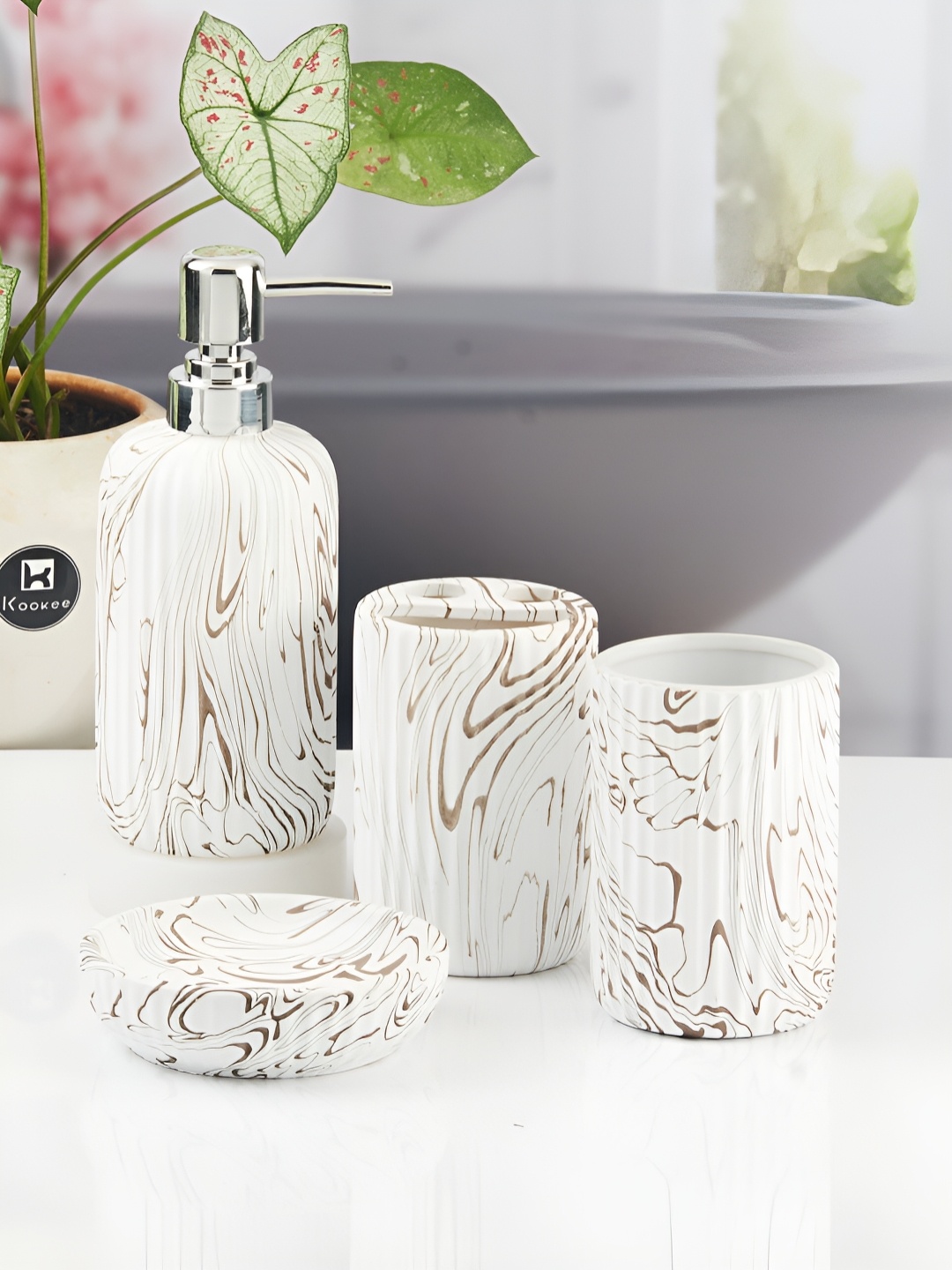 

Kookee White 4 piece Abstract Ceramic Bath Accessories Set