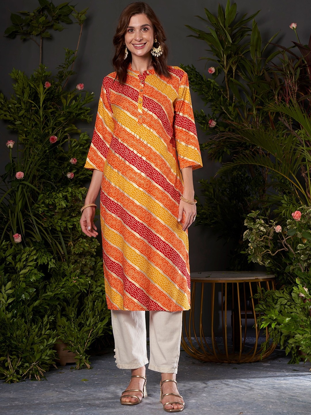 

Anouk Bandhani Printed Mandarin Collar Straight Kurta, Mustard