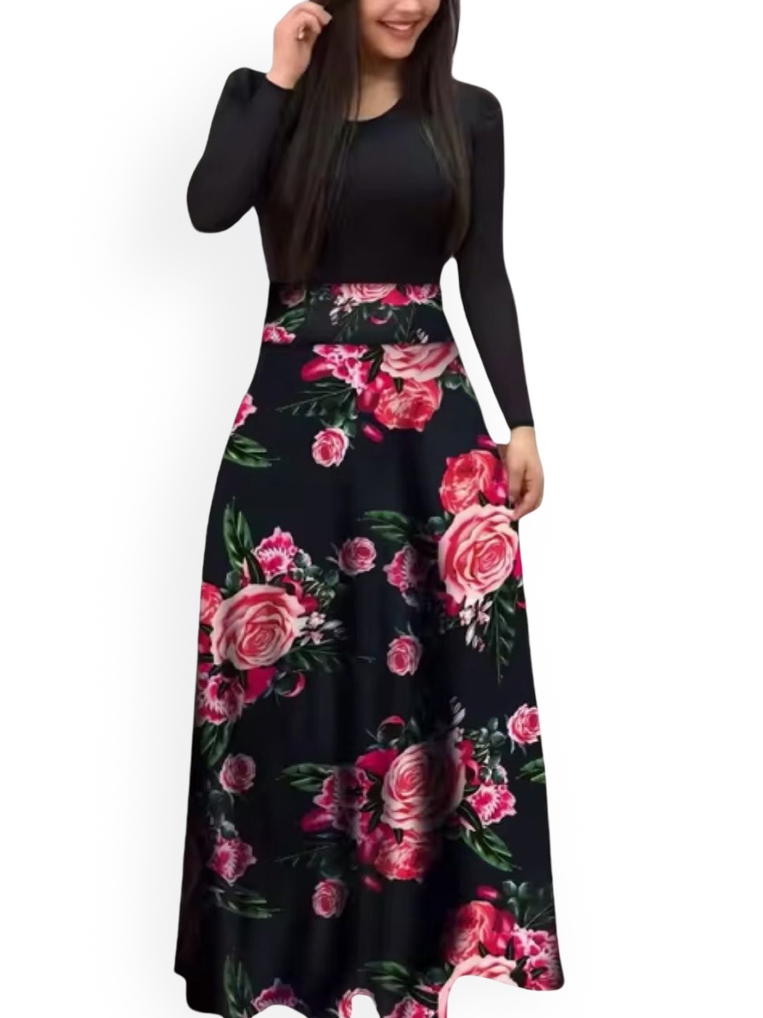 

KPOP Women Floral Printed A-Line Maxi Skirt, Black
