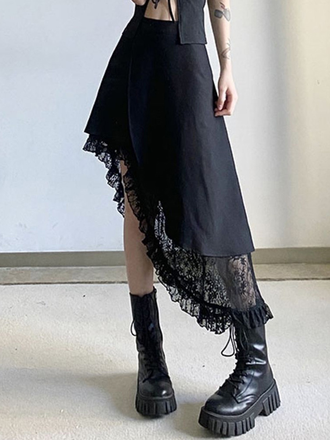 

KPOP Flared High-Low Maxi Skirts, Black