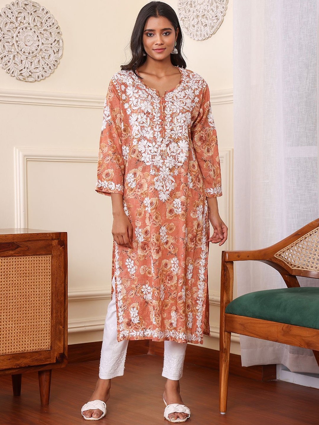 

Chowkhat Floral Printed Embroidered Chikankari Notch Neck Pure Cotton Straight Kurta, Peach