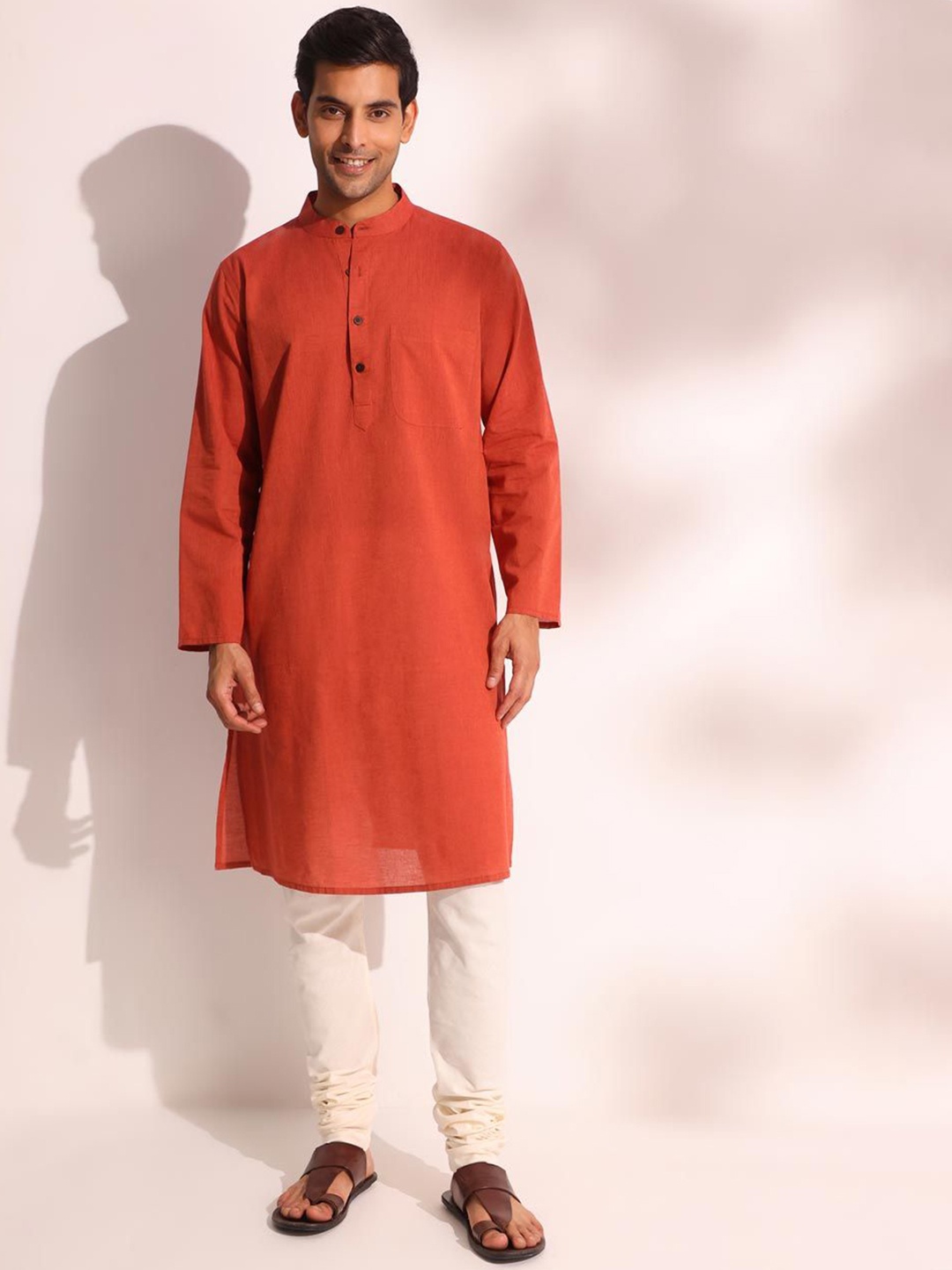 

Fabindia Band Collar Cotton Comfort Fit Straight Kurta, Rust