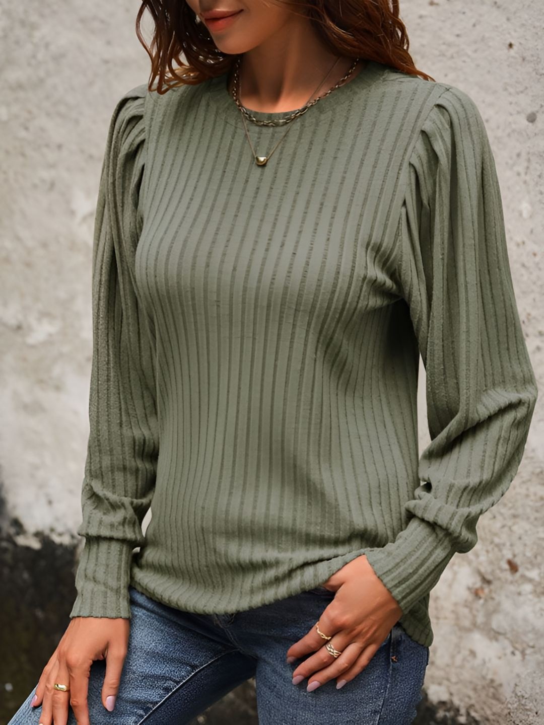 

HERE&NOW Women Round Neck Raw Edge T-shirt, Green