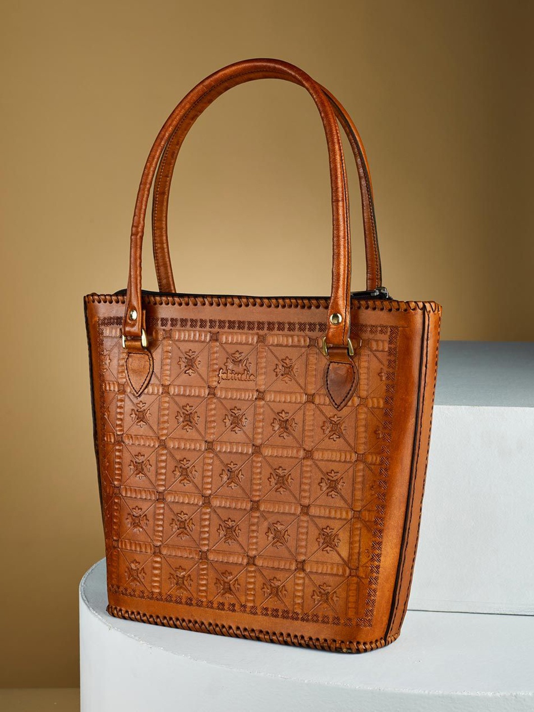 

Fabindia Textured Leather Structured Tote Bag with Cut Work, Brown