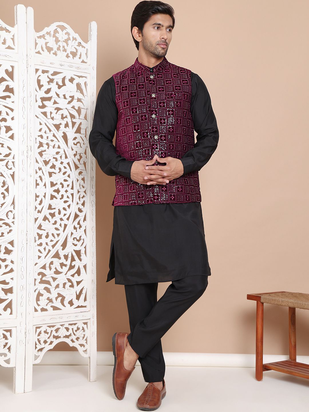 

Anouk Men Embroidered Regular Sequinned Velvet Kurta with Churidar, Black