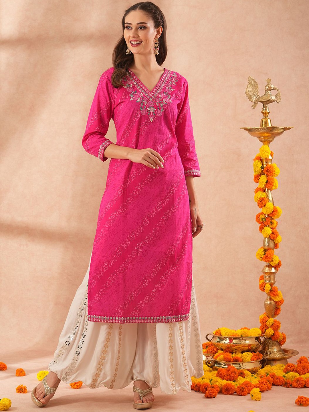 

FASHOR Women Ethnic Motifs Printed Kurta, Pink