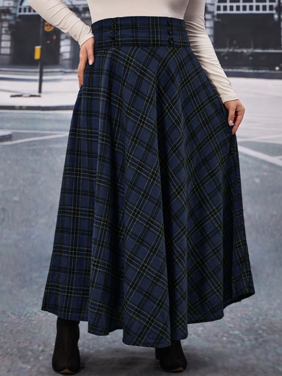 

KPOP Checked Maxi A-Line Skirts, Black