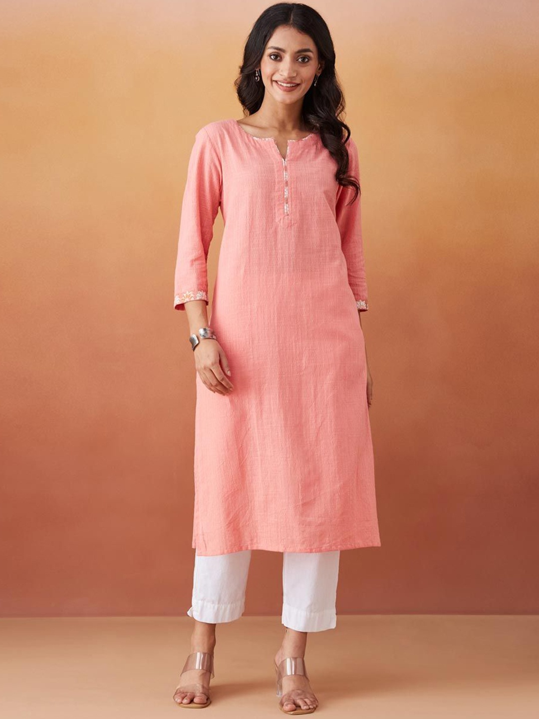 

Fabindia Ethnic Woven Design Notch Neck Regular Cotton Straight Kurta, Peach