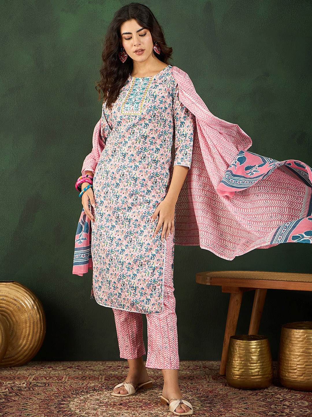 

Sangria Floral Printed Mirror Work Pure Cotton Kurta With Trousers & Dupatta, Peach