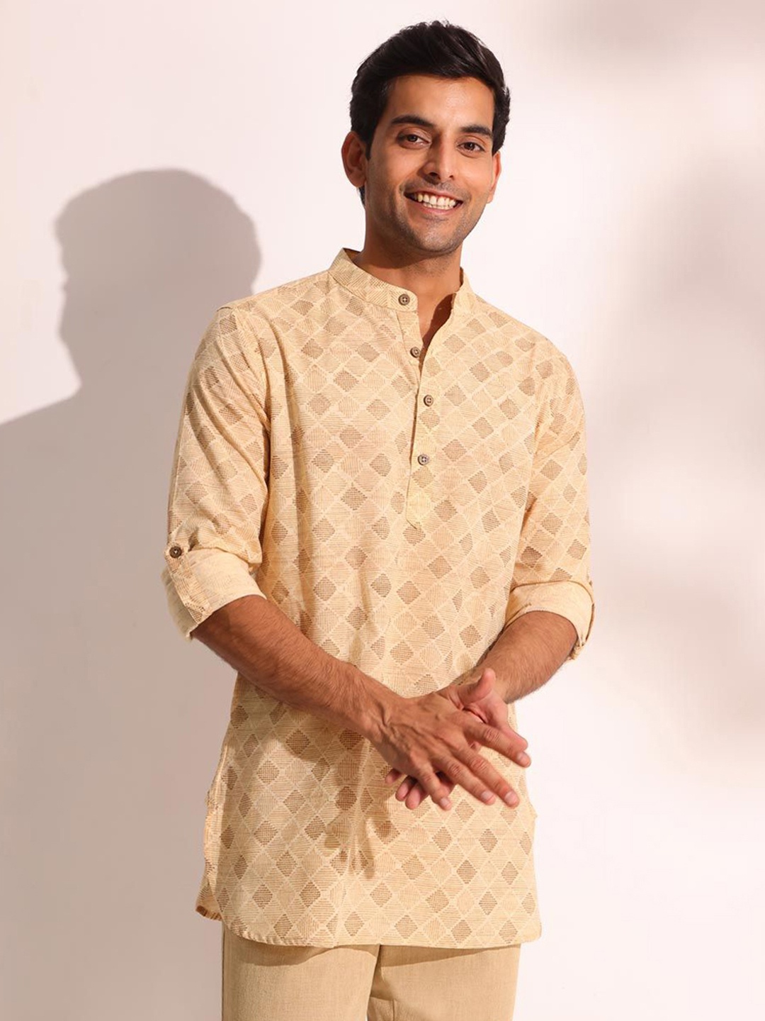 

Fabindia Ethnic Motifs Printed Band Collar Cotton Straight Kurta, Beige