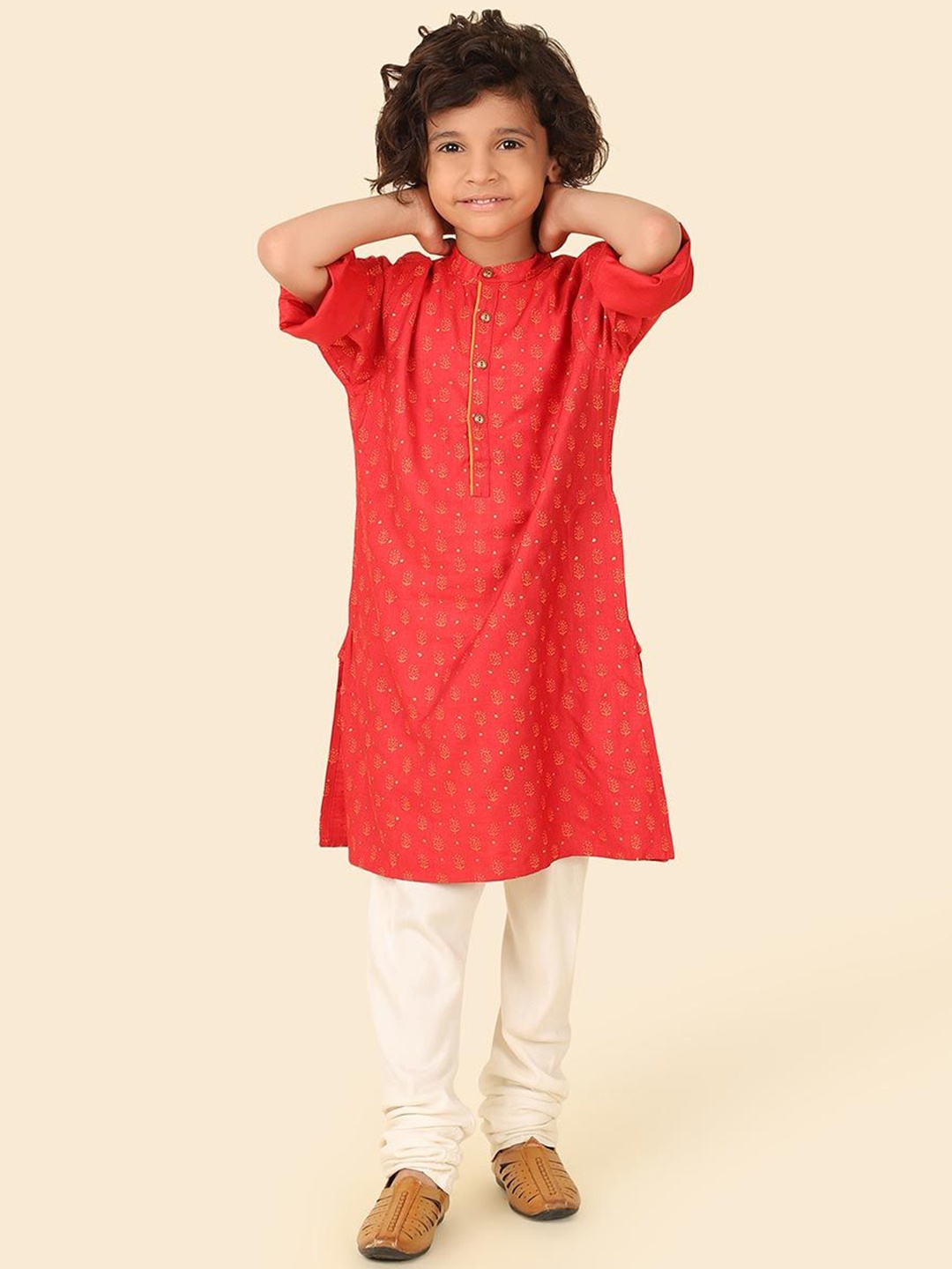 

Fabindia Boys Ethnic Motifs Printed Mirror Work Straight Kurta, Red