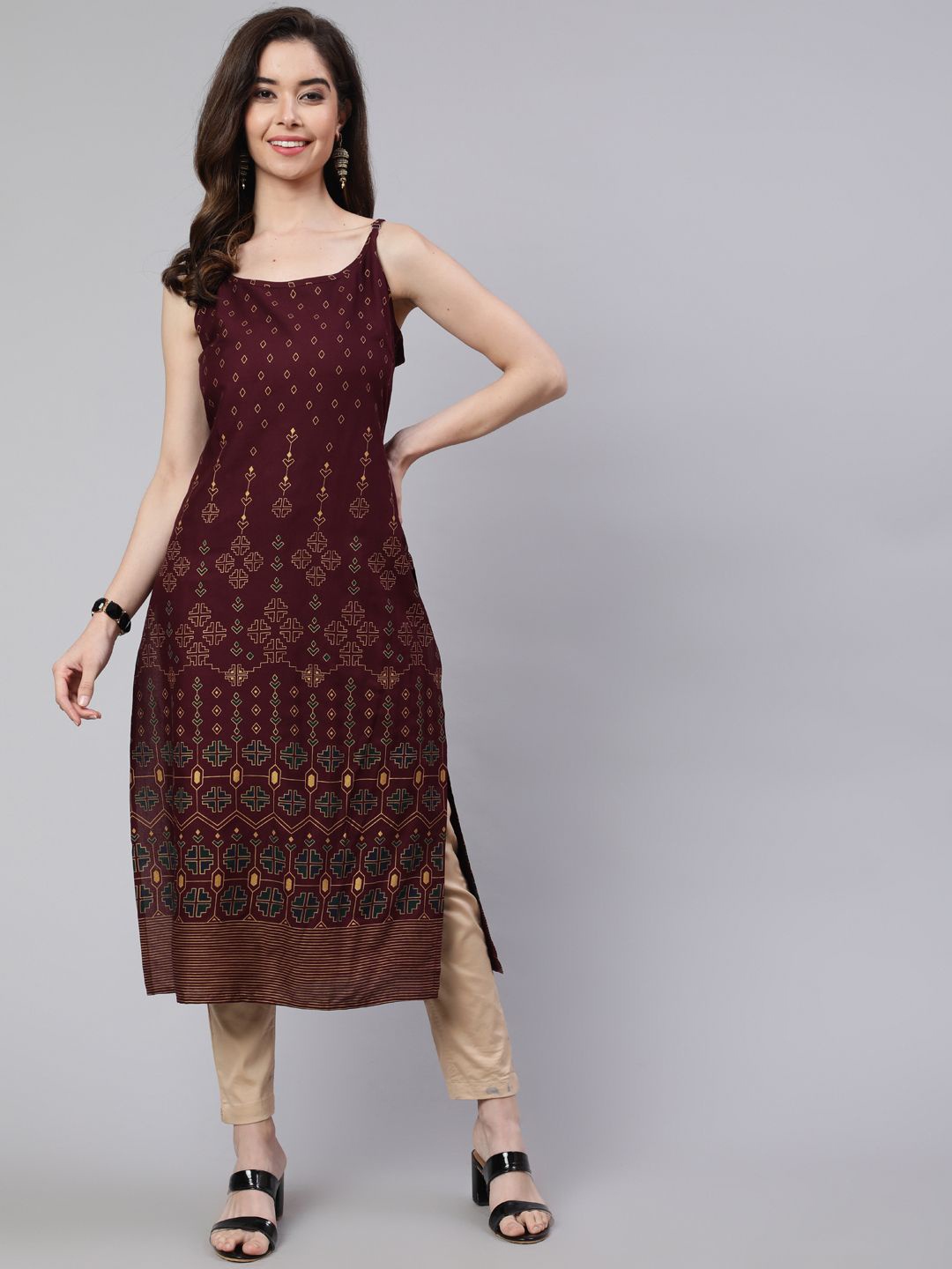 

SAK JAIPUR Ethnic Motifs Printed Shoulder Straps Straight Kurta, Brown