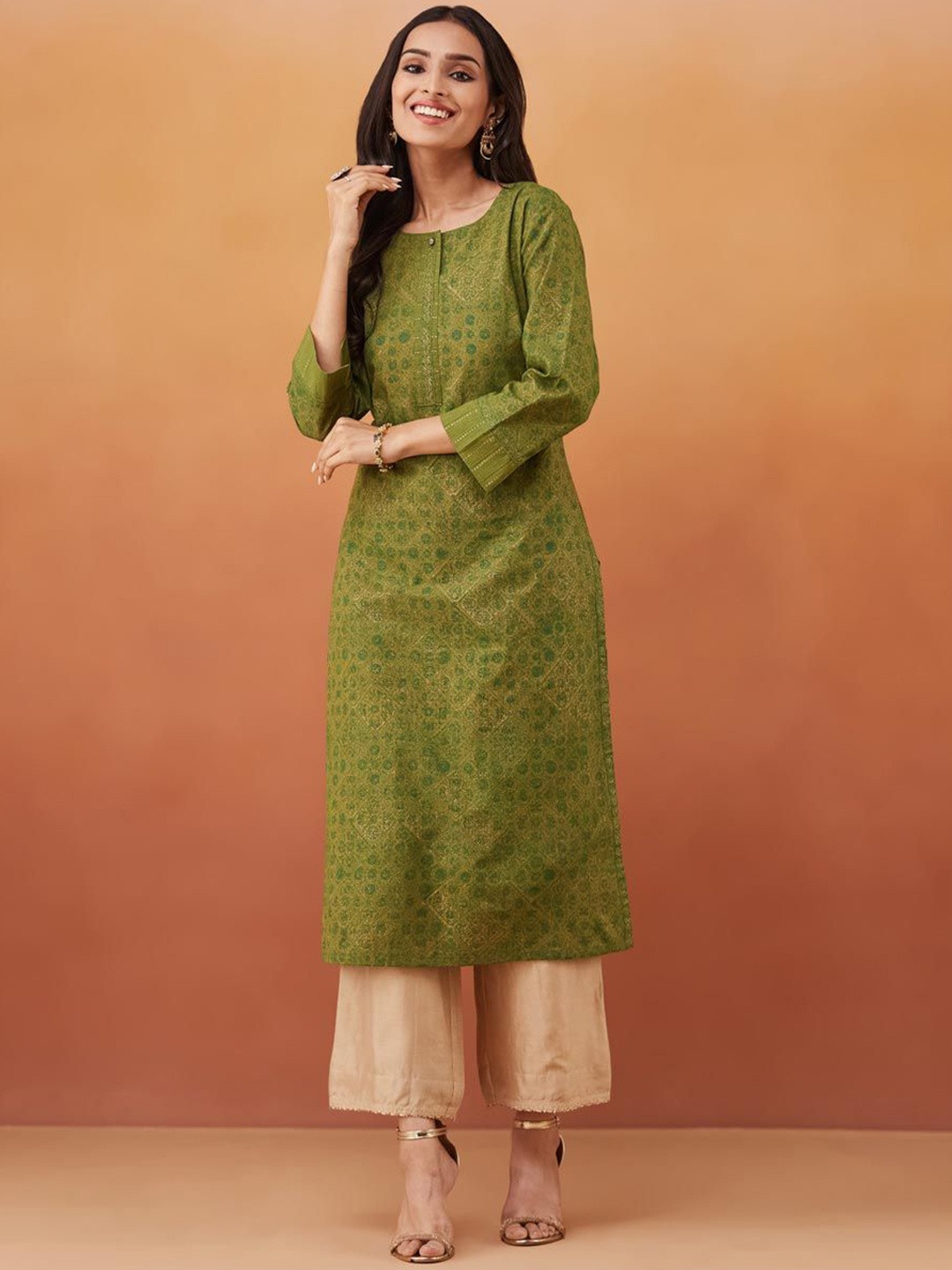 

Fabindia Ethnic Motifs Printed Thread Work Cotton Regular Straight Kurta, Green