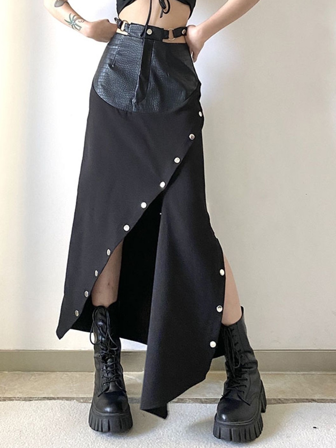 

KPOP Women Cotton A-Line Maxi Skirt, Black
