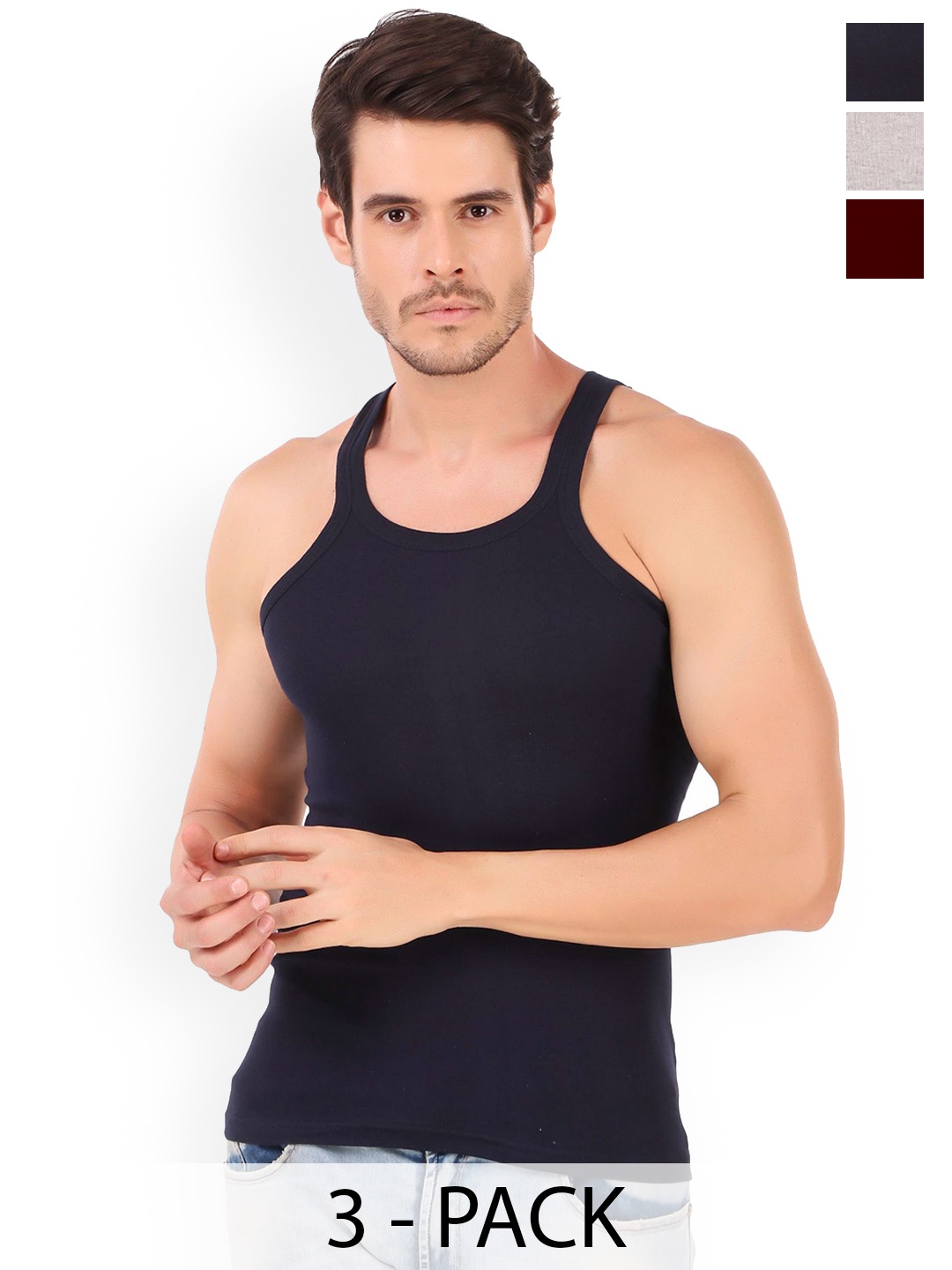 

inner element Men Pack Of 3 Sleeveless Cotton Gym Vests, Navy blue