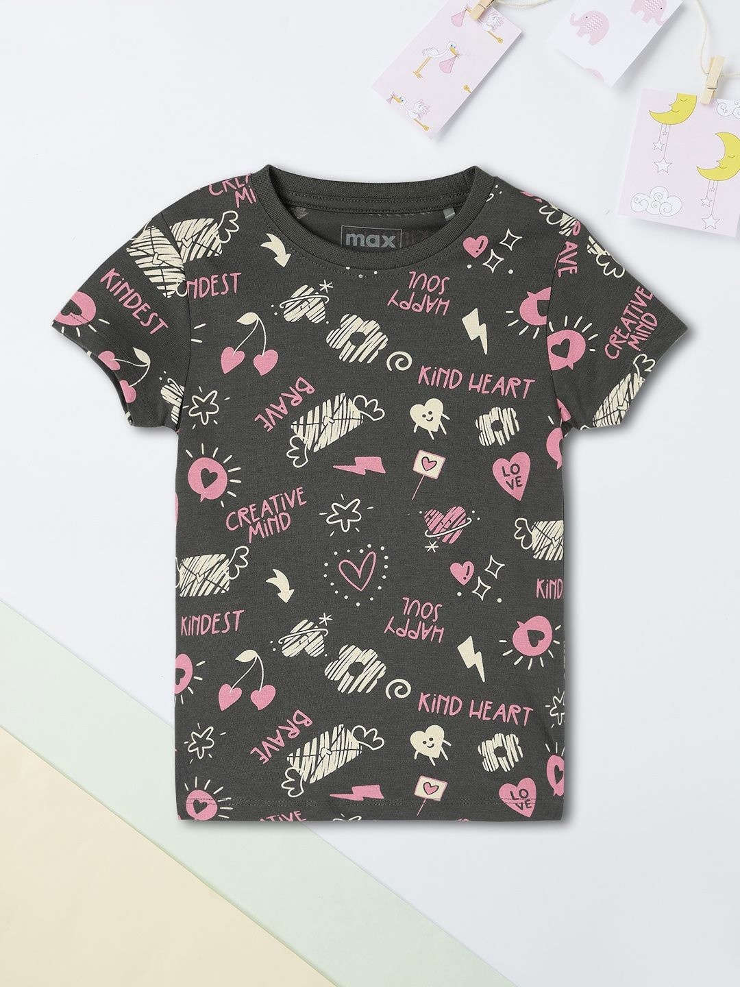 

max Girls Floral Printed Extended Sleeves T-shirt, Black