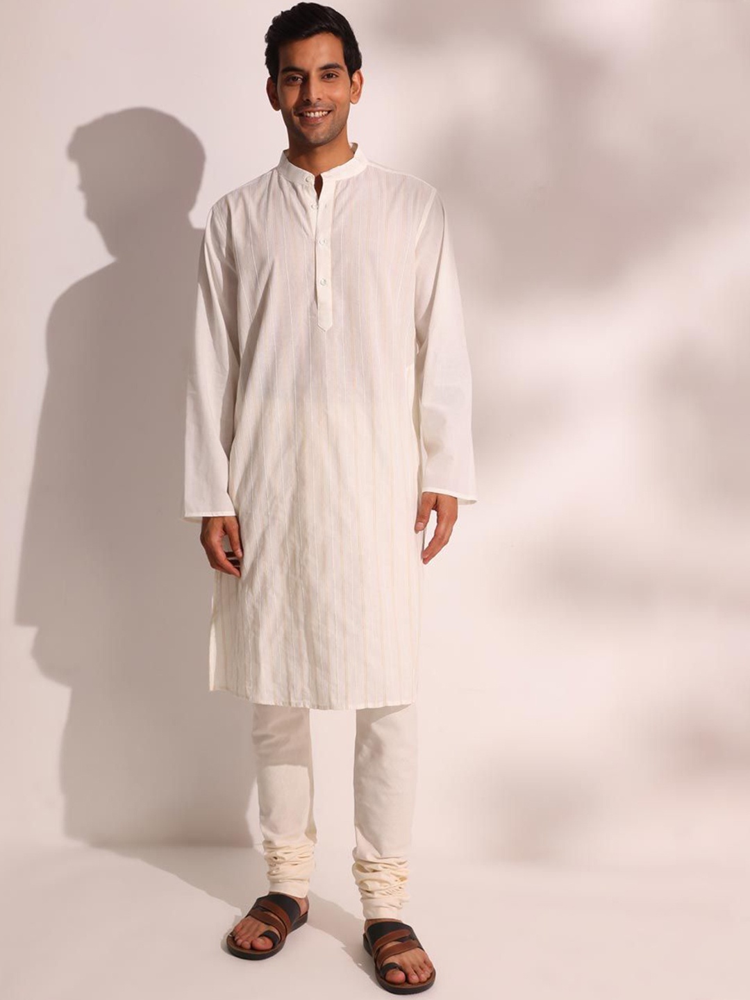

Fabindia Striped Band Collar Cotton Straight Kurta, White