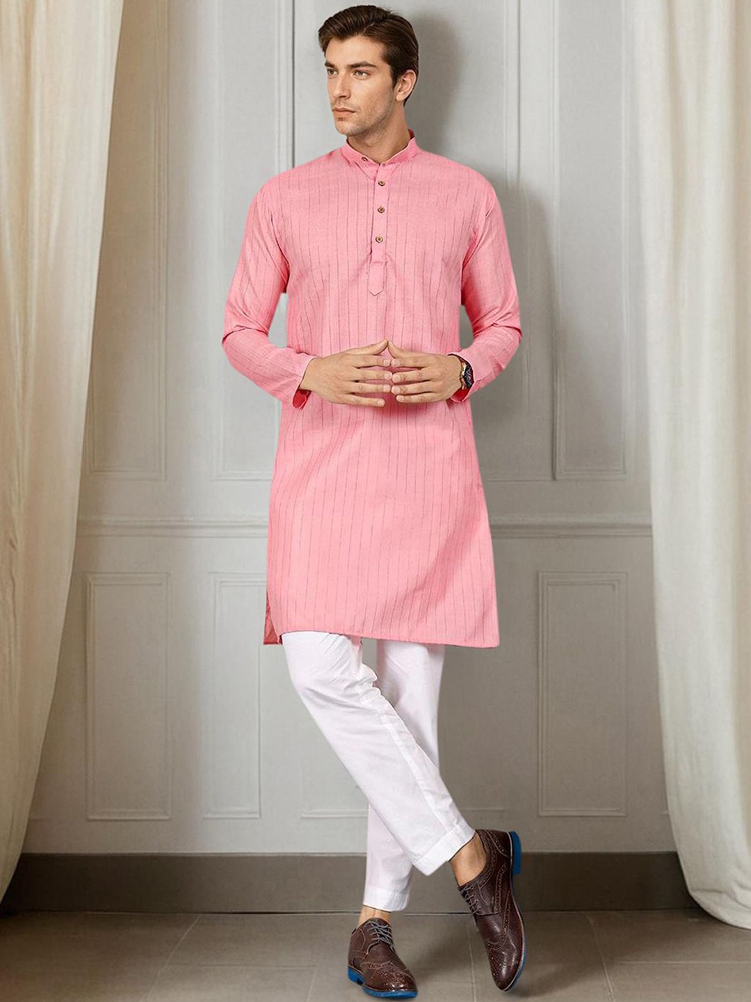 

Anouk Striped Band Collar Straight Kurta, Pink