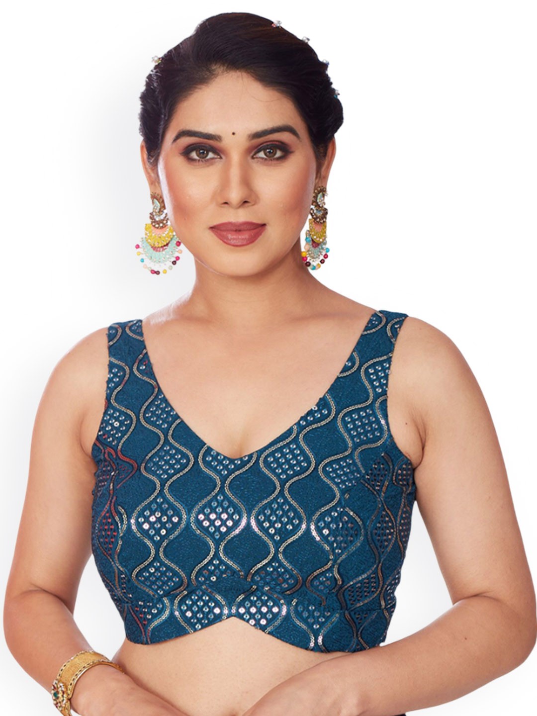 

Mmore Embroidered Readymade Padded Saree Blouse, Blue