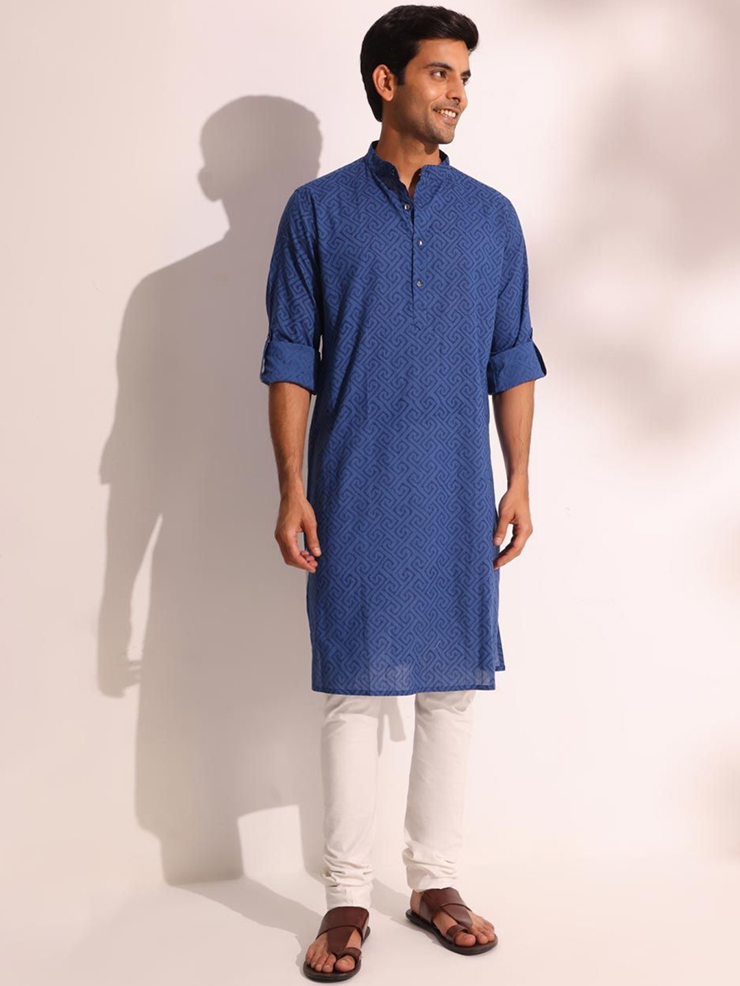

Fabindia Ethnic Motifs Printed Band Collar Cotton Kurta, Blue