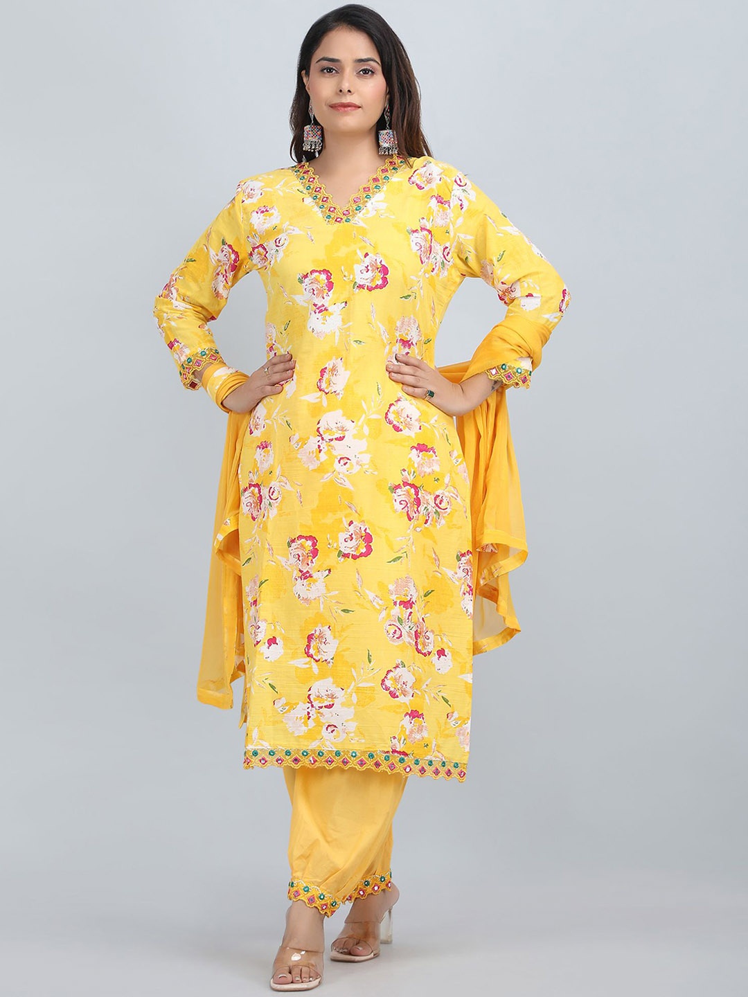 

SHIFORY Women Floral Printed Regular Pure Cotton Kurta with Salwar & With Dupatta, Yellow